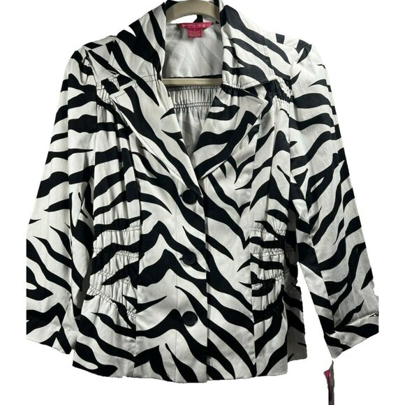 Sunny Leigh Y2K Vtg NWT Animal Zebra Jacket Blazer L Cotton Ruched Puff Sleeves - Picture 1 of 10